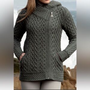 Aran Crafts Women's Cable Knit Cardigan - Olive Green- 100% Merino Wool-XL